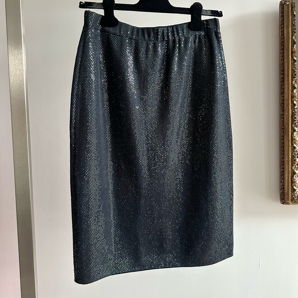 St. John Green Metallic Navy Knit Pencil Skirt
